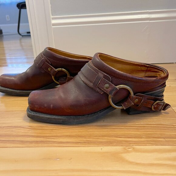 Women's Frye Belted Harness Mule 7.5 M Clog Booties Brown Motorcycle - Picture 2 of 12